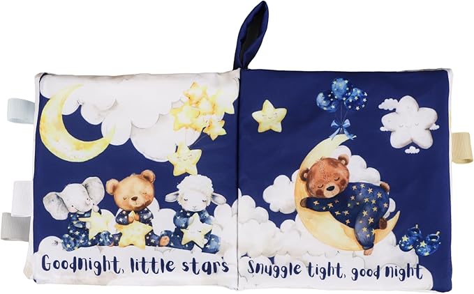 Ali+Oli Baby Cloth Book – Soft Sensory Crinkle Book with Teether for Infants 0-12 Months – Early Learning Touch & Feel Tummy Time Toy – Newborn Shower Gift for Boys & Girls - Good Night