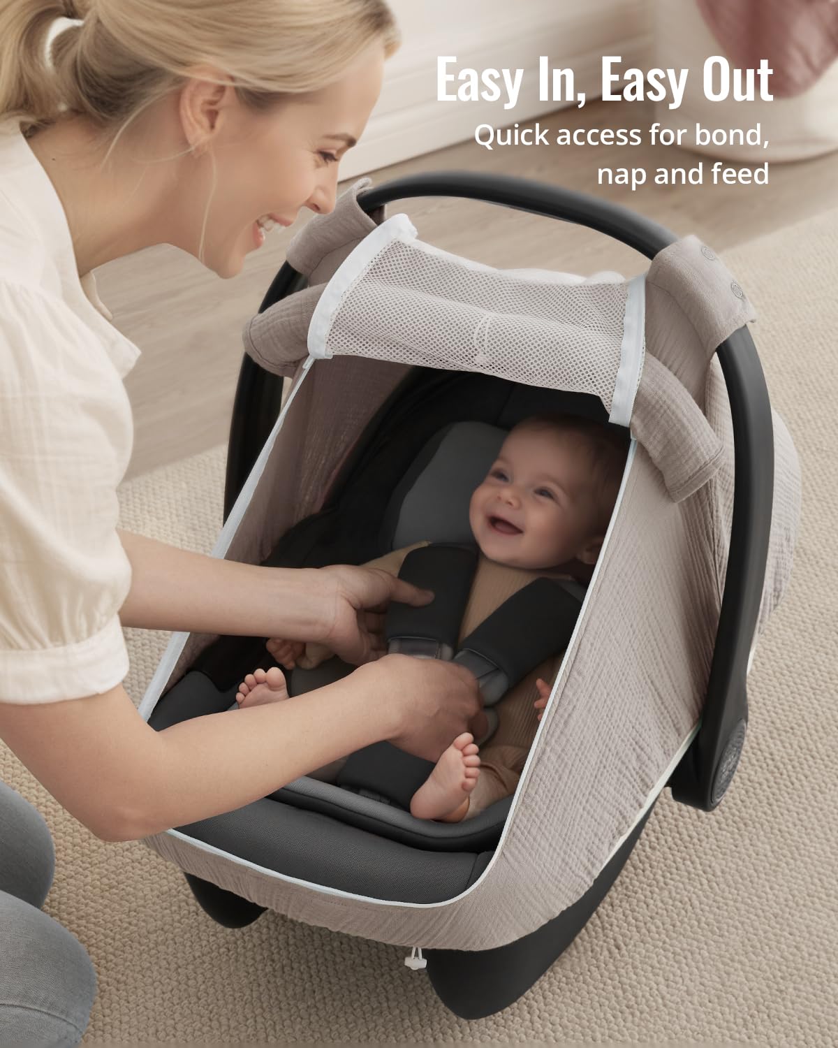 Blissful Diary Baby Car Seat Cover, Extra Large Mesh Window, Breathable Muslin Cotton, Infant Windproof Canopy, Must-Have Baby Gift - Roman Green