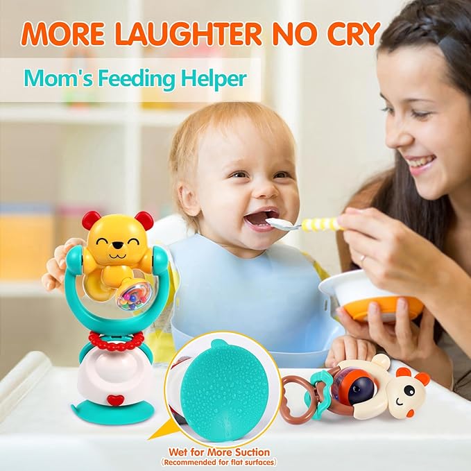 Baby Toys 6-12 Months Infant Toy Set of 3 High Chair Suction Cup Rattle Teething Toys for Babies 6 7 9 12-18 Months 2-in-1 Sensory Development Tray Toy Baby Gifts for Boys Girls