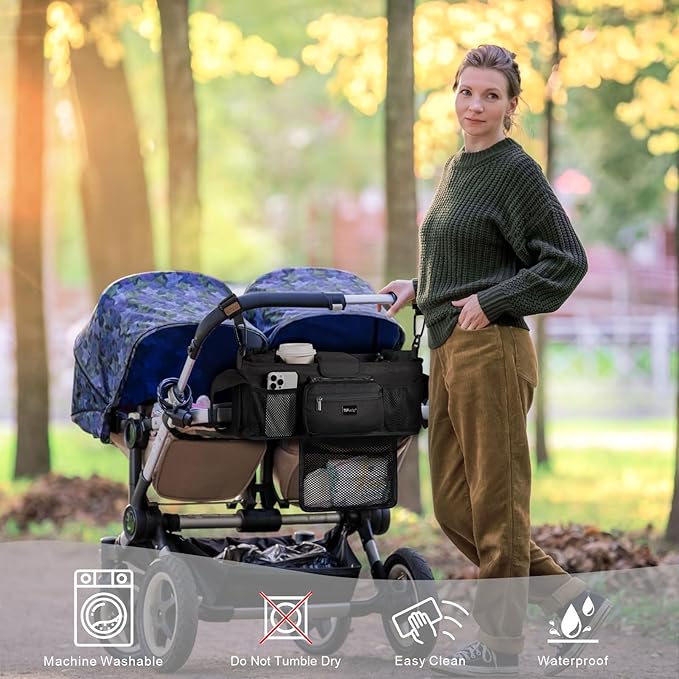 TOPDesign Universal Baby Stroller Organizer, Double Stroller Caddy with Detachable Mesh Bag & Heightened Insulated Cup Holders & Non-Slip Secure Hooks Accessories, Fits Most Strollers (Black)