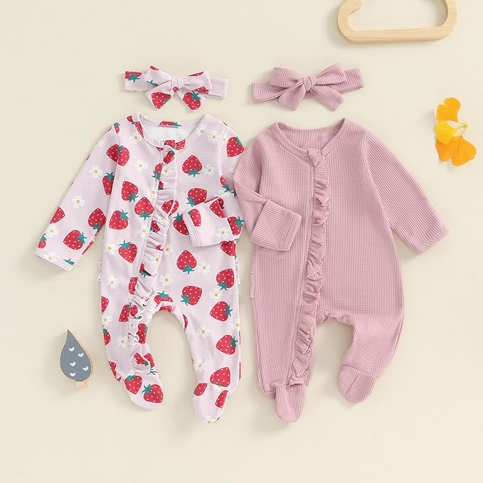 Baby Girl Footies Newborn Zipper Sleeper 2 Pack Ruffle Pajamas Romper Coming Home Outfit
