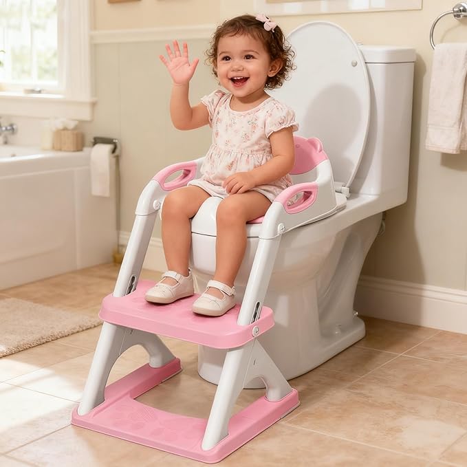 Potty Training Seat, SKYROKU Upgrade Toddler Toilet Seat for Kids Boys Girls, 2 in 1 Potty Training Toilet, Splash Guard Anti-Slip Pad Step Stool,New Sector-Shape Stabilized Base and heavier (Pink)