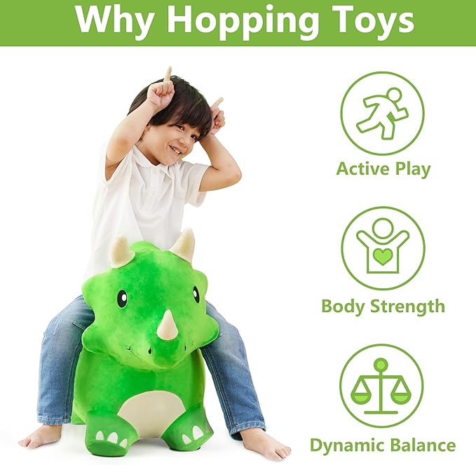 iPlay, iLearn Bouncy Pals Dinosaur Hopper Toy 2 Year Old Boy, Toddler Plush Bounce Animals, Ride on Bouncing Triceratops for Kids, Outdoor Hopping Horse Bouncer, Cool Birthday Gifts 3 4 5 6 Yr Girls