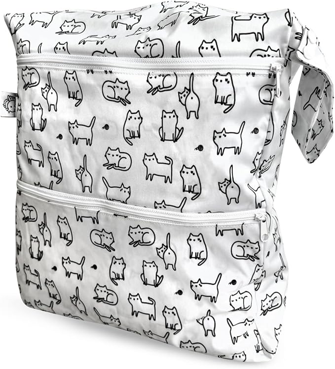 FLOCK THREE 3D Waterproof and Washable Wet Bag Luggage Organiser for Travel storage Stroller Daycare Baby Diapers Yoga Beach Pool Swimsuits Luggage Packing for Travel Accessories (White Cats)