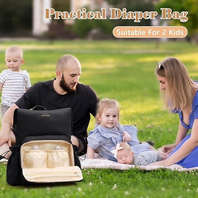 miss fong Diaper Bag Backpack - Baby Diaper Bag Neoprene Bag Large Capacity Neoprene Backpack with Diaper Changing Pad Travel Diaper Backpack Baby Backpack with 12 Pockets for Mom & Dad -Black