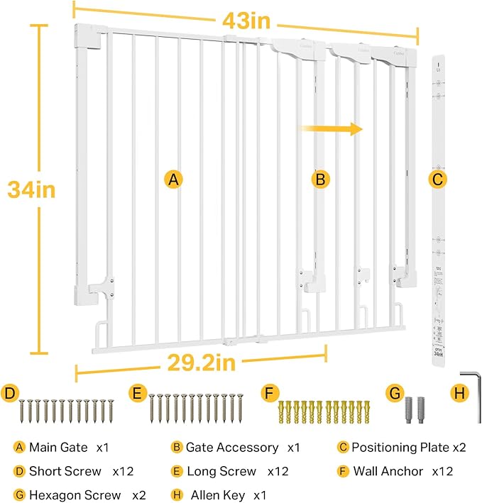 Cumbor 34" Extra Tall No Bottom Bar Baby Gate for Stairs, Wall Mounted Dog Gate Indoor for Larger Pets, Expandable 29.2-43" Safety Gate for Doorways, Wide Walk Thru Door for Easy Access (White)