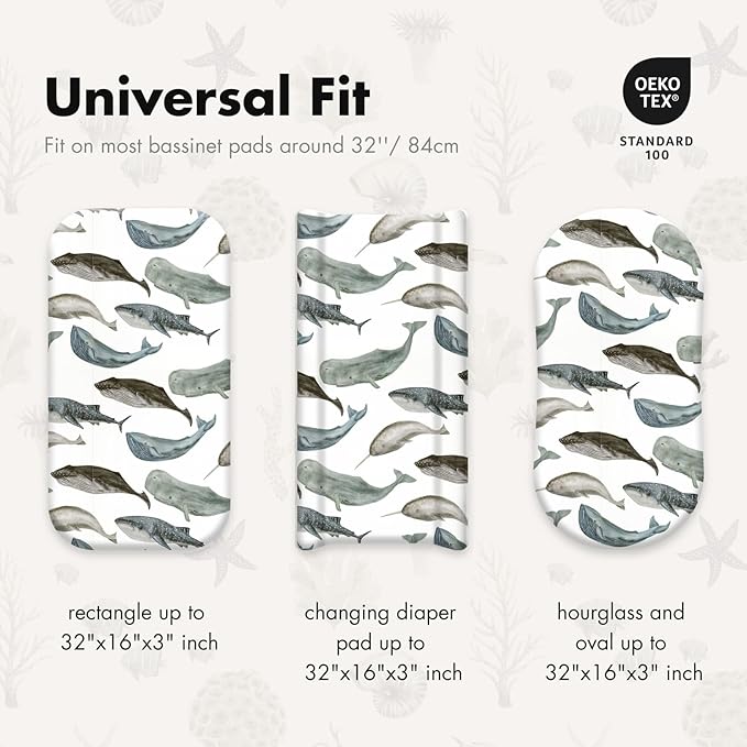 Gllquen Baby Bassinet Sheets 4 Pack, Breathable Cozy Fitted Mattress Sheet, Elastic Travel Crib Fashionable Pattern, Standard Cradle Safe Sheets for Baby Boys Girls 32"x16" (Marine)