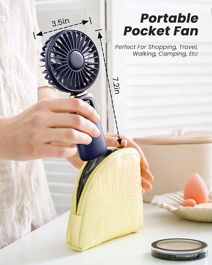 coldSky Portable Handheld Fan, 4000mAh Battery Operated Fan with LED Display, Handheld/Neck/Desk 3 in 1 Personal Small Fans, 90ยฐ Foldable Desk Fan with Base, 5 Speed Makeup Lash Fan for Women Blue