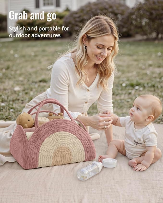 Blissful Diary Baby Diaper Caddy Organizer, Cotton Rope Diaper Caddy Basket, Large Storage Basket for Newborn Boys and Girls, Gift for Baby Shower List, Newborn Essentials, Blush Rainbow