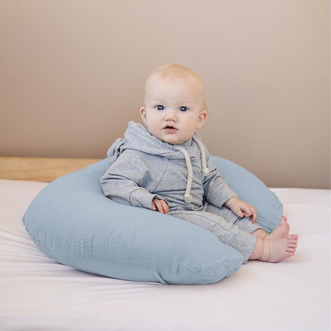 Konssy Muslin Nursing Pillow Covers, Soft and Cute Nursing Covers for Breastfeeding Pillows, Ideal for Newborn Baby Boys and Girls (Blue, Cream) - 2 Pack