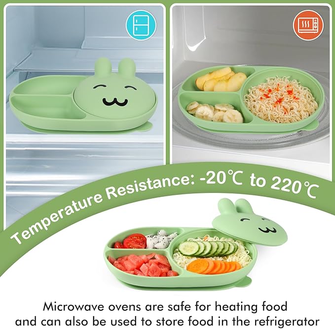 Silicone Baby Plate,Self-feeding of infants after weaning, 100% Food Grade Silicone, BPA Free, 3 Compartments Separated Including Fork and Spoon, Non-Slip With Suction Cups, Toddler plates (green)