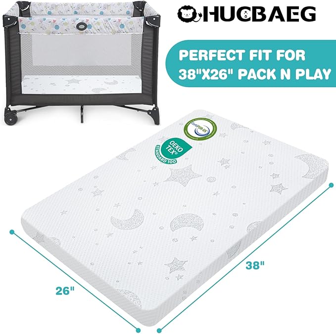 Pack and Play Mattress, 38x26 Pack N Play Mattresses Pad with Breathable Jacquard Cover, Portable Dual-Sided Soft & Firm Memory Foam Baby Mattress for Pack n Play Playpen