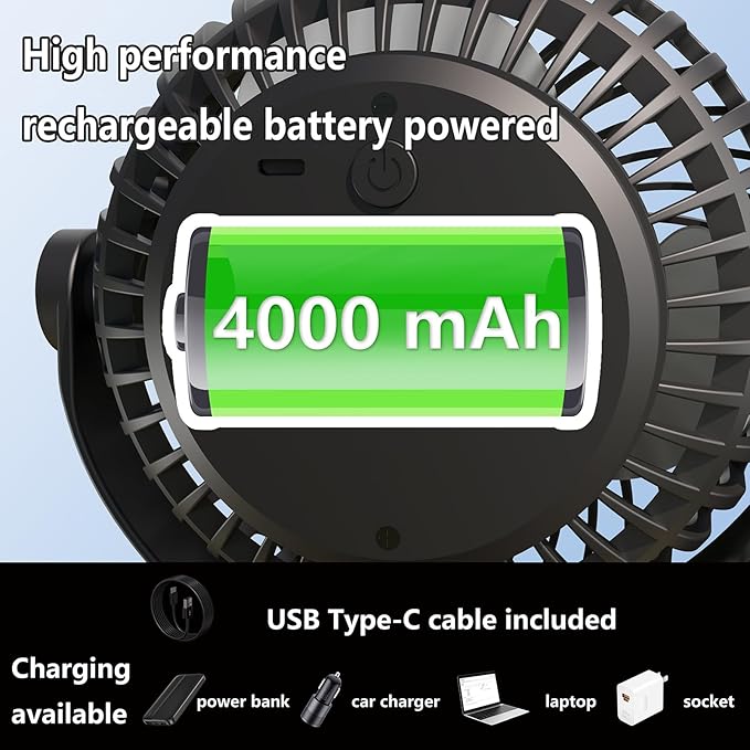 VICTORY & GIFT Portable Stroller Fan Handheld Fan 4 Wind Speeds, 4000mAh,360° Rotatable for Travel/Camping/Treadmill/Car Seat/Bedroom