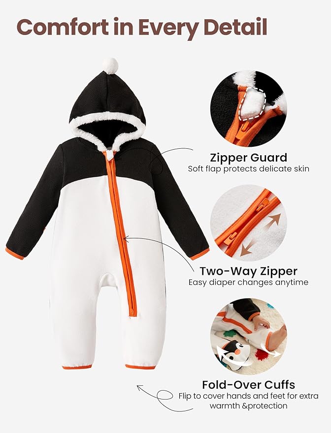 PATPAT Fleece Hooded Footed Romper Clothes, Soft Warm Footie Covers, Car Seat Friendly, Easy Zip, Cute Boy Girl