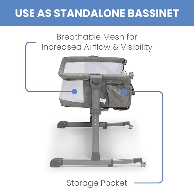 Delta Children Close2Me Bedside Baby Bassinet Sleeper with Breathable Mesh and Adjustable Heights - Lightweight Portable Crib, Grey