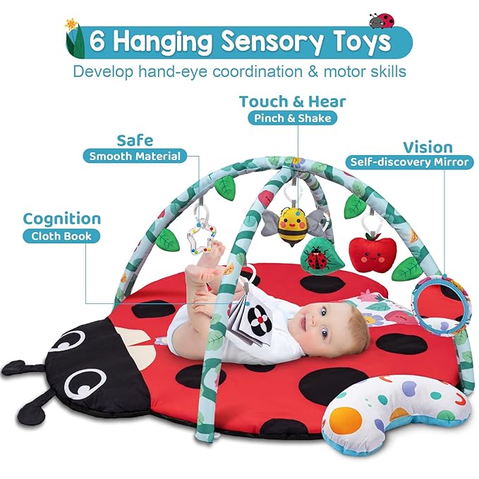 Jyusmile Baby Play Gym Mat, 8-in-1 Tummy Time Mat with 6 Toys, Washable Baby Activity Mat for Visual, Hearing, Sensory, Motor Development, Baby Essentials Gift for Newborn Infant 0-3-6-9-12 Months