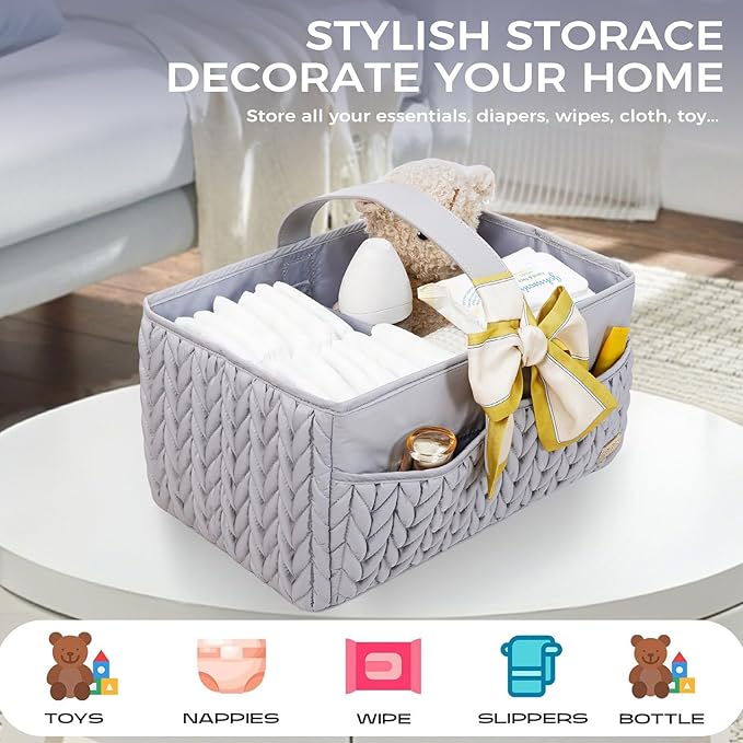 Luxurious Baby Diaper Caddy, Nursery Storage Basket for Newborn Boy and Girl, Travel Baby Basket for Diapers Baby Wipes, Organizer Tote Bag Storage Bin, Baby Shower Gifts (light gray)