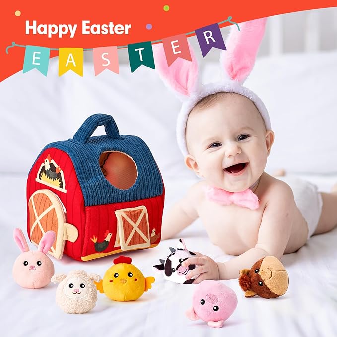 hahaland Baby Toys 6-12 Months - Surprise Barn Stuffed Farm Animals, Rattle, Crinkle, Mirror, Montessori Toys for 6 Month Old Babies Sensory Balls Toddlers 1-3 Gifts Christmas Baby Stocking Stuffers