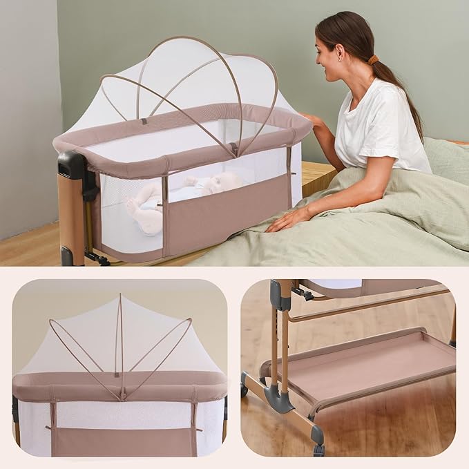 3 in 1 Baby Bassinet, Rocking Bassinets with Comfy Mattress and Wheels, Adjustable Height Bassinet Bedside Sleeper, Easy Folding Portable Crib for Newborn (Khaki)