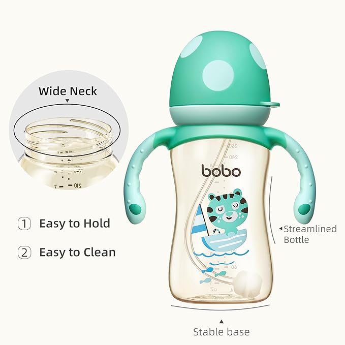 YOHKOH Natural PPSU Baby Bottle with Natural Response Nipple, Newborn Anti-Colic Baby Bottles with Handle, Wide Neck Mushroom Cap Baby Bottle (8.8oz (Pack of 4), Blue)