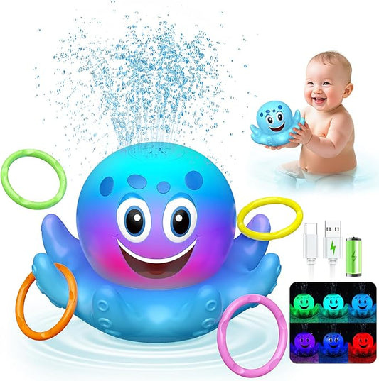 Octopus Bath Toys for Toddlers| Rechargeable Automatic Sprinkler Water Toys with LED Lights & 4 Toss Rings,150 Mins Battery Life,Baby Toys for 6-12 12-18 Months Gifts for Boys Girls 1-5 Years Old