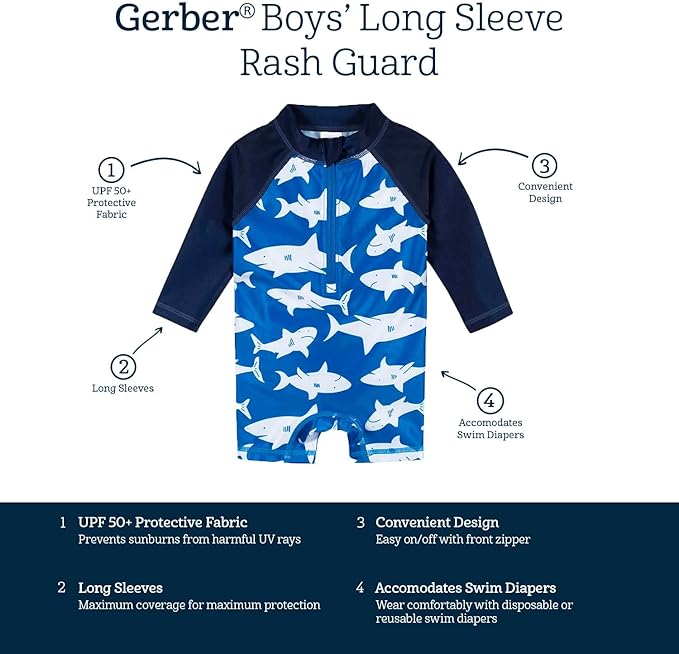 Gerber Boys' Toddler Long Sleeve One Piece Sun Protection Rashguard Swimsuit