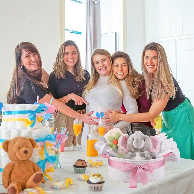 Yimi's Dream Baskets for Gifts Empty, Small Storage Baskets for Shelf, Decorative White Woven Baskets with Pink Handle for Mom, Nursery, Baby Shower, Christmas(Oval, 12"x 8"x 5")