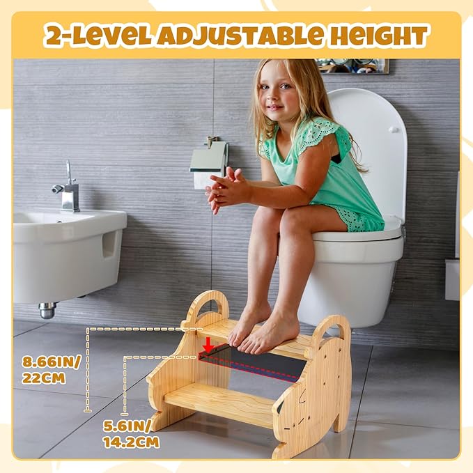 COSYLAND Kids Step Stool with Handle - Height Adjustable 2 Step Stool for Toddlers - Stable Wooden Nursery Step Stool for Toilet Potty Training, Bathroom, Kitchen Easy to Clean (Natural)