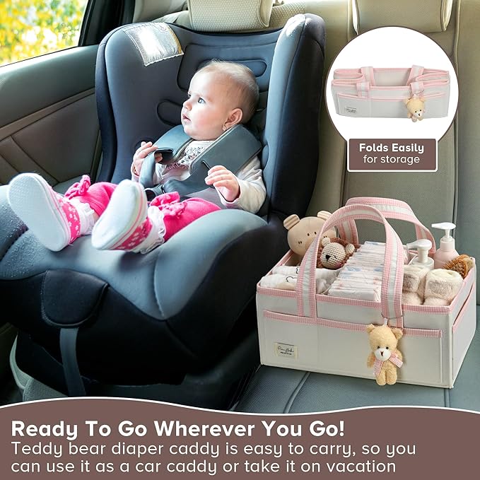 PeraBella Diaper Caddy Organizer with Handle, Baby Shower Gifts Basket Bag, Registry Search Must Haves Items, Nursery Storage Organizer for Newborn Girl Boy, Baby Bag Essentials, Car Diaper Caddy Cart