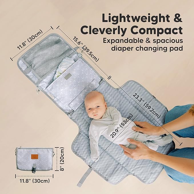 KeaBabies Portable Diaper Changing Pad - Large Waterproof Baby Changing Mat, Compact Travel Diaper Clutch, Functional Pockets Fit Newborn Essentials, Wipeable & Padded Baby Changer (Gray Mod)