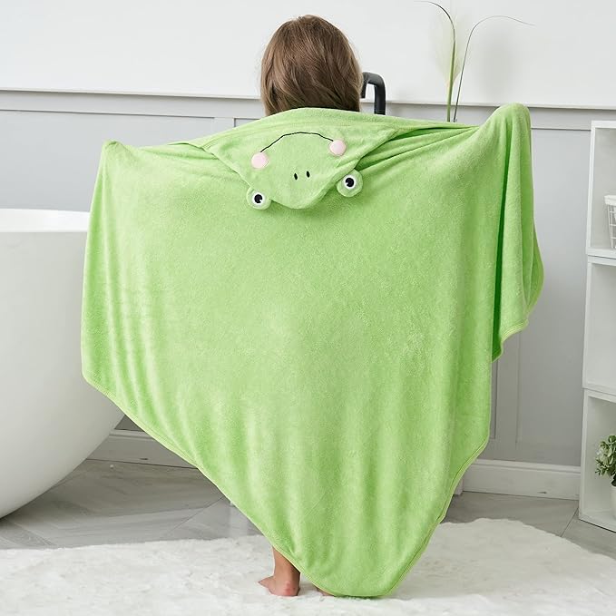 HIPHOP PANDA Hooded Towel - Rayon Made from Bamboo, Bath Towel with Bear Ears for Newborn, Babie, Toddler, Infant - Absorbent Large Baby Towel - Frog, 30 x 30 Inch
