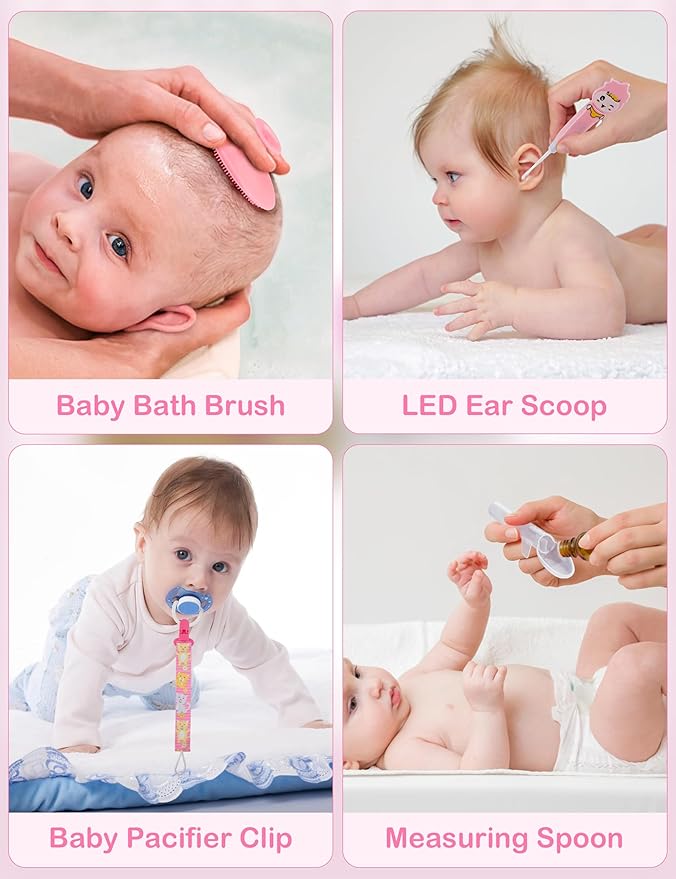 OTTOLIVES Baby Healthcare and Grooming Kit, 15 in 1 Baby Shower Gifts with Nail File, Hair Brush Comb, Toothbrush, Nasal Aspirator, Baby Essentials Kit for Newborn Infant Girls Boys (Pink)