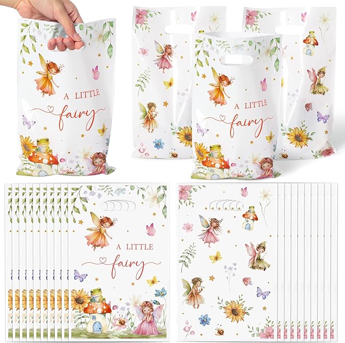 Fairy Party Favor Bags - 50Pcs A Little Fairy Goody Candy Treat Gifts Bags, Watercolor Floral Girls Themed Party Decorations for Kids Baby Girls Birthday Baby Shower Garden Events Supplies