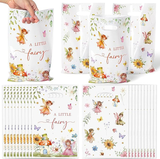 Fairy Party Favor Bags - 50Pcs A Little Fairy Goody Candy Treat Gifts Bags, Watercolor Floral Girls Themed Party Decorations for Kids Baby Girls Birthday Baby Shower Garden Events Supplies