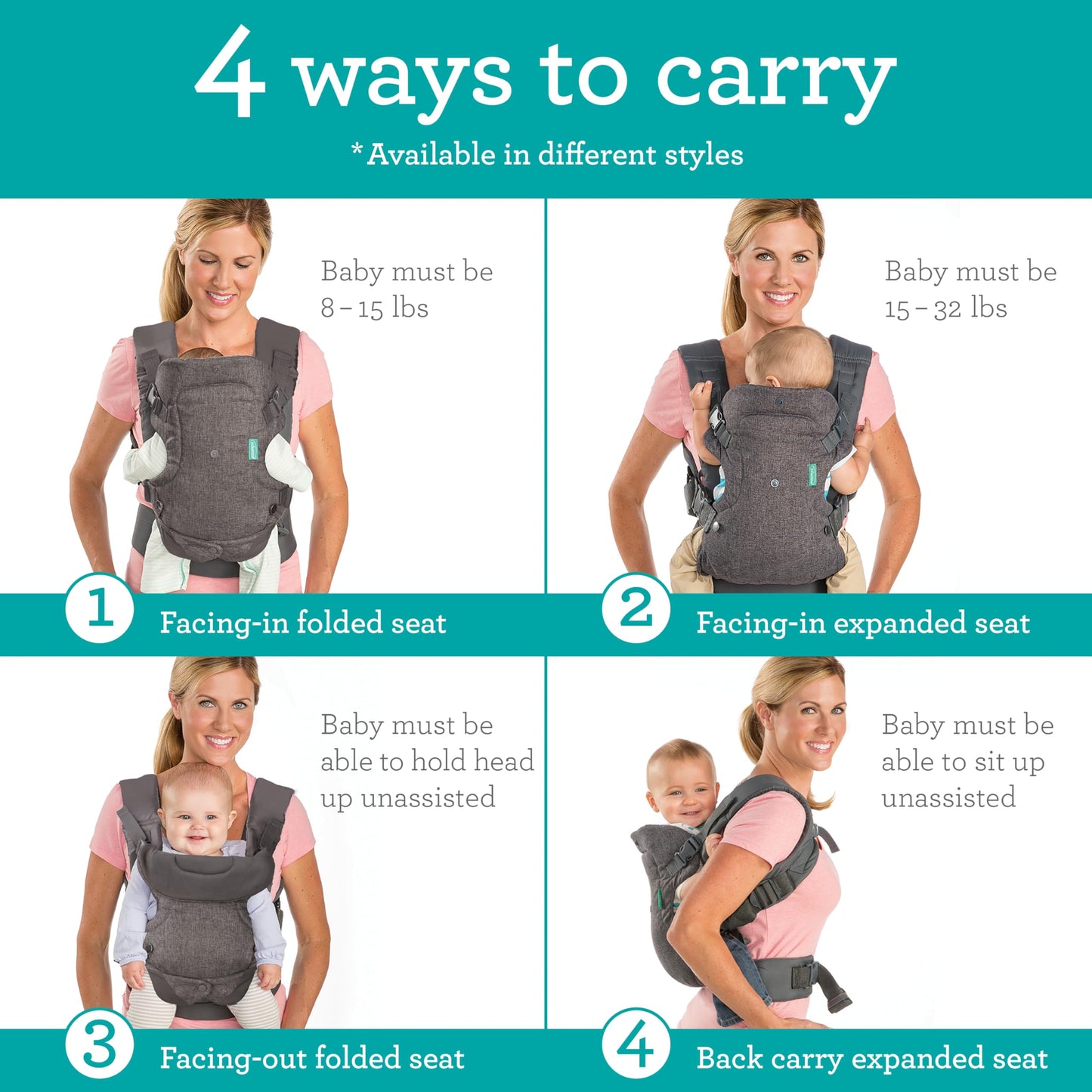 Infantino Flip 4-in-1 Convertible Baby Carrier, Adjustable, Ergonomic Babywearing, Registry Essential, Baby Carrier for Newborn to Toddler, Gray