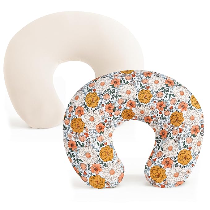 Konssy 2 Pack Nursing Pillow Covers, Stretchy and Soft Nursing Cover for Breastfeeding, Pillow Slipcover for Baby Girls Boys Newborn (Beige, Floral)