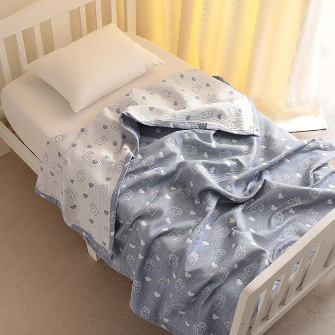 NTBAY 3 Layer Oversized Muslin Cotton Toddler Blanket, Jacquard Reversible Nursery Bed Blanket, Super Soft and Thermal for All Seasons, Baby Gift, 45"x60", Blue Rabbit