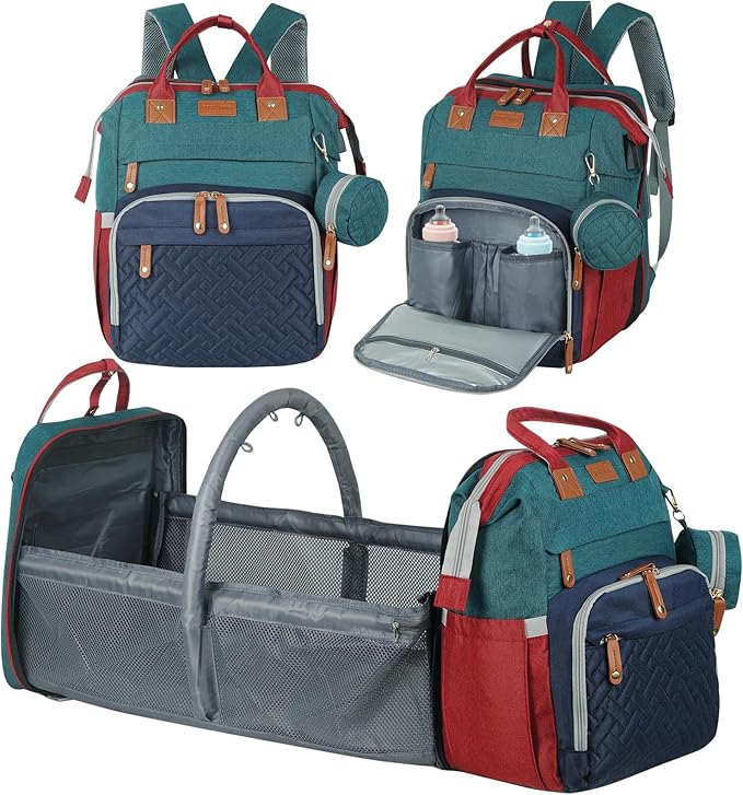 large diaper bag backpack,baby bag with changing station for Boys Girls,Multifunctional Diaper Bag,Mommy Bag With USB Charging Port(Blue-green-red)