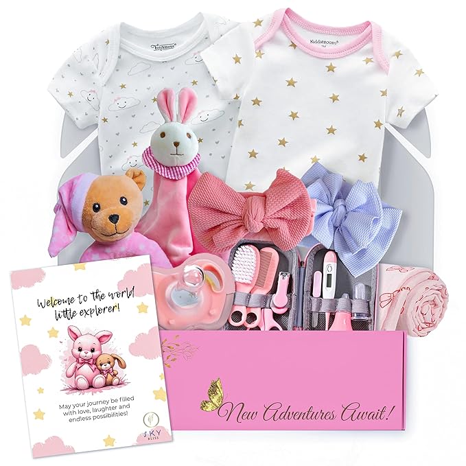 Sky Bliss 18pc Gift Set, Baby Grooming kit, Baby Clothes, Baby Rattle, Baby Blanket, Swaddle, Pacifier, Gifts for New Baby Girl, Newborn Essentials, Baby Gift Set (Grooming Kit), Gift for New mom.