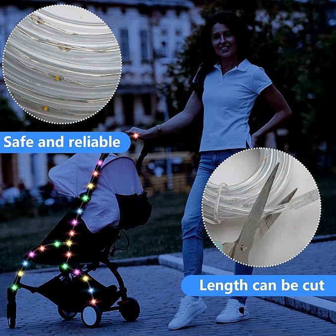 codree 23 FT Baby Stroller Lights for Walking at Night, Multicolor Stroller Accessories Walking Lights, Battery Powered Strollers LED Lights with 50 Cable Ties for Bike, Bicycle Lights Accessories