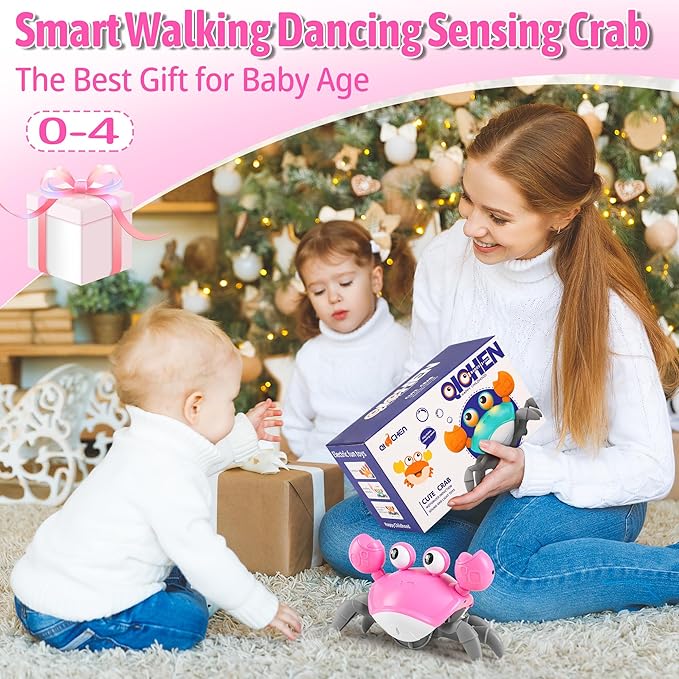 Crawling Crab Baby Girl Toy: Tummy Time Toys for Infant 3 6 9 12 18 24 36 Months, Pink Walking Dancing Sensing Crab for Toddler Age 1 2 3 4, 1st Music Birthday Gifts for Girls