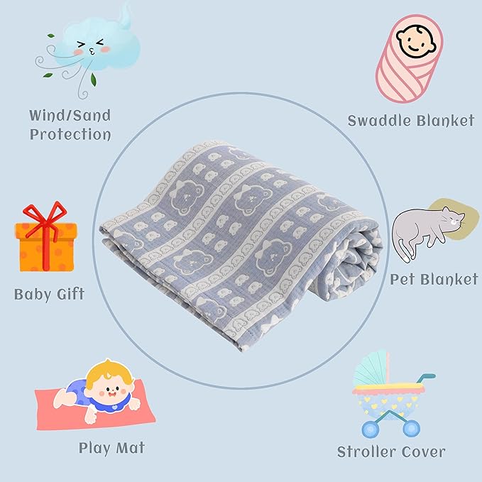 NTBAY 3 Layer Muslin Cotton Toddler Blanket, Jacquard Reversible Nursery Bed Blanket, Super Soft and Thermal for All Seasons, Decoration Gift, 30"x40", Blue Bear