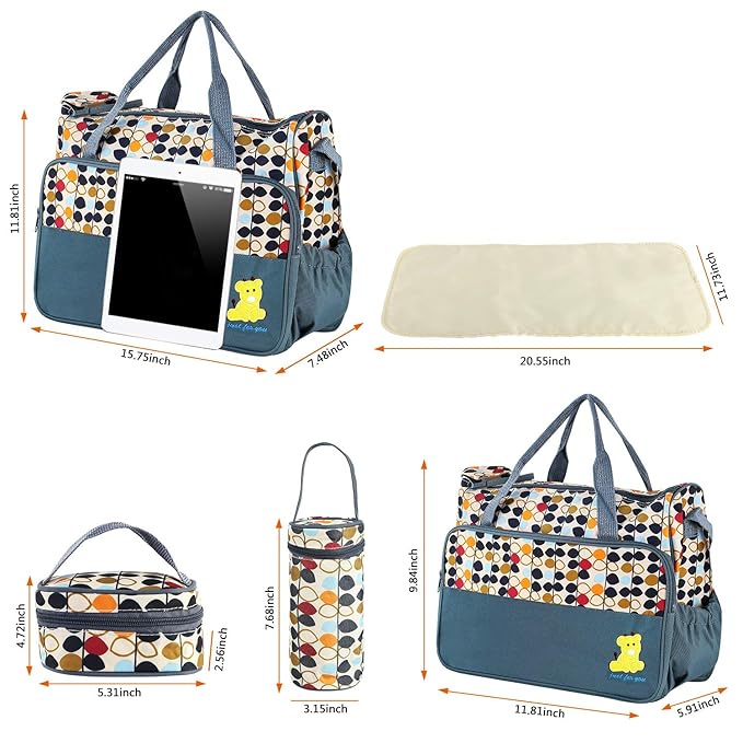 5PCS Diaper Bag Tote Set for Baby Essentials – Large Baby Bags for Mom, Waterproof Maternity Bags with Bottle Bag, Food Bag & Changing Pad (Gray)