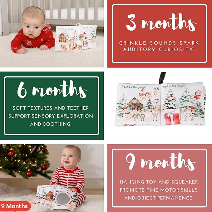 Ali+Oli Baby Cloth Book – Soft Sensory Crinkle Book with Teether for Infants 0-12 Months – Early Learning Touch & Feel Tummy Time Toy – Newborn Shower Gift for Boys & Girls - Christmas Friends