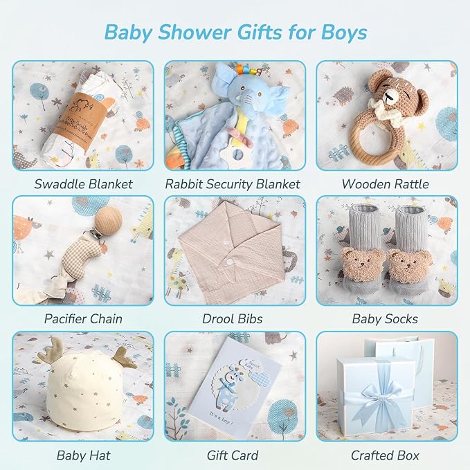 10PCS Baby Gift Sets, Baby Gift Basket for Boys Girls, Gender Neutral Gifts, Baby Bath Sets for New Baby, Rattle Swaddle Blanket Baby Gifts for Boys Girls