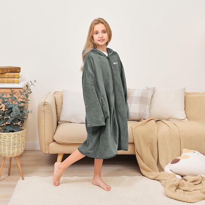 Hiturbo Kids Bath Towel Hoodie: Soft Plush Zipper Surf Poncho - Warm Fleece Changing Towels Swimming Outerwear (Gray)