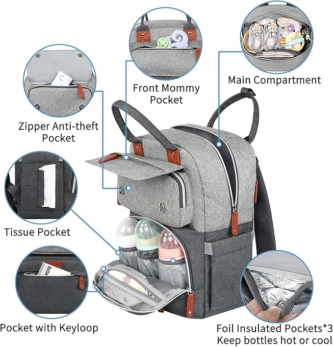Diaper Bag Backpack, Baby Bag for Boys Girls, Large Diaper Backpack Travel Diaper Bags with Insulated Pockets Baby Registry Search Shower Gifts Newborn Essentials for Mom Dad, Waterproof Grey
