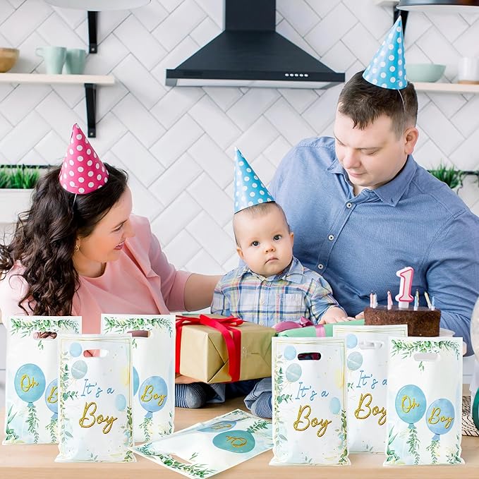Baby Shower Party Favor Bags - 50Pcs Watercolor Blue Greenery Sweet Goody Candy Treat Gifts Bags, It's a Boy Themed Party Decorations for Baby Boys Birthday Gender Reveal Events Supplies