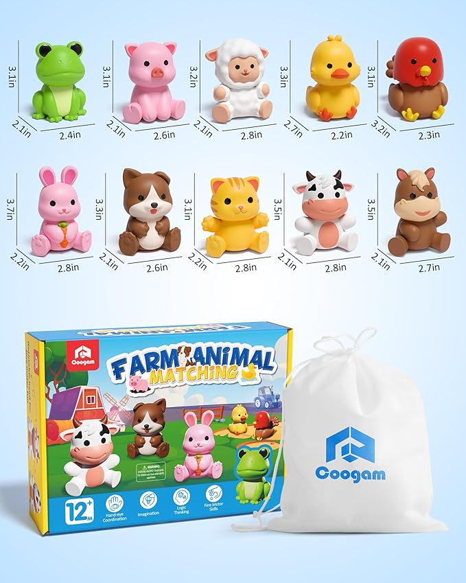 Coogam 10Pcs Farm Animal Matching Toys, Fine Motor Sorting Games for Kids Age 1-3, Montessori Learning Sensory Fidget Toy Gift for Baby Shower Bath Birthday