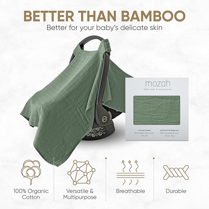 MOZAH Baby Car Seat Cover - Roman Green - 100% Organic Muslin - Soft, Breathable and Lightweight, Baby Infant Car Seat Essentials